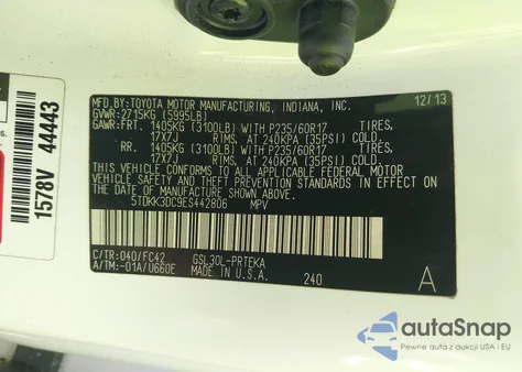 2014 Toyota Sienna Le V6 8 Passenger from USA, damaged, VIN 5TDKK3DC9ES442806